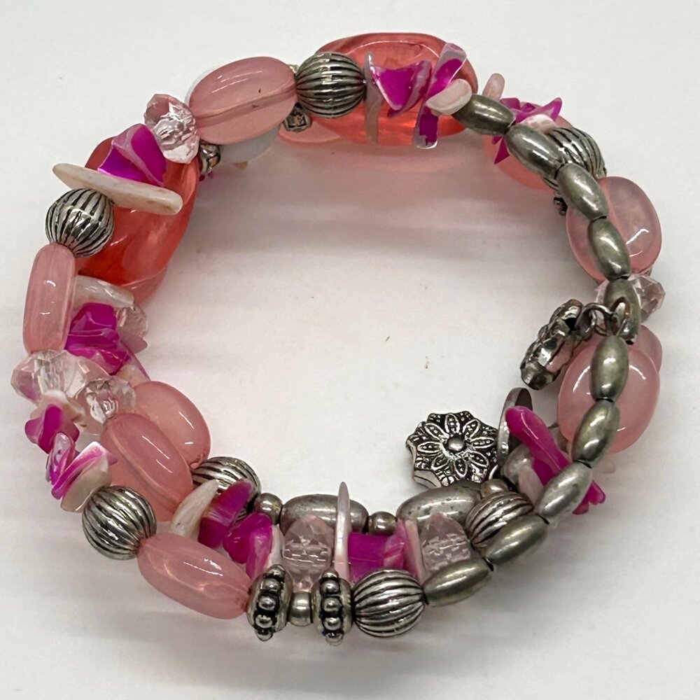 Charming Charlie Memory Wire Wrap Pink Magenta Silver-tone Beaded Bracelet Boho - Picture 3 of 12